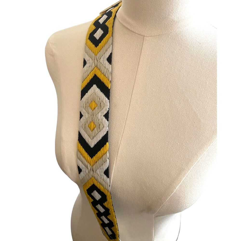 AhDorned Black Vegan Messenger Crossbody Yellow Geometric Guitar Style Strap - Picture 8 of 12